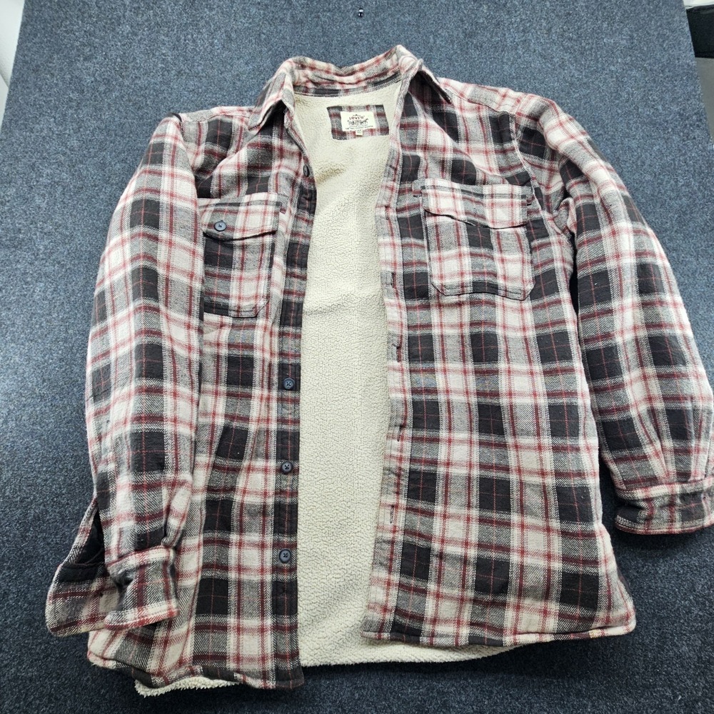 Levis Shacket Shirt jacket Flannel Sherpa Lined Men‎ Med  red black plaid button